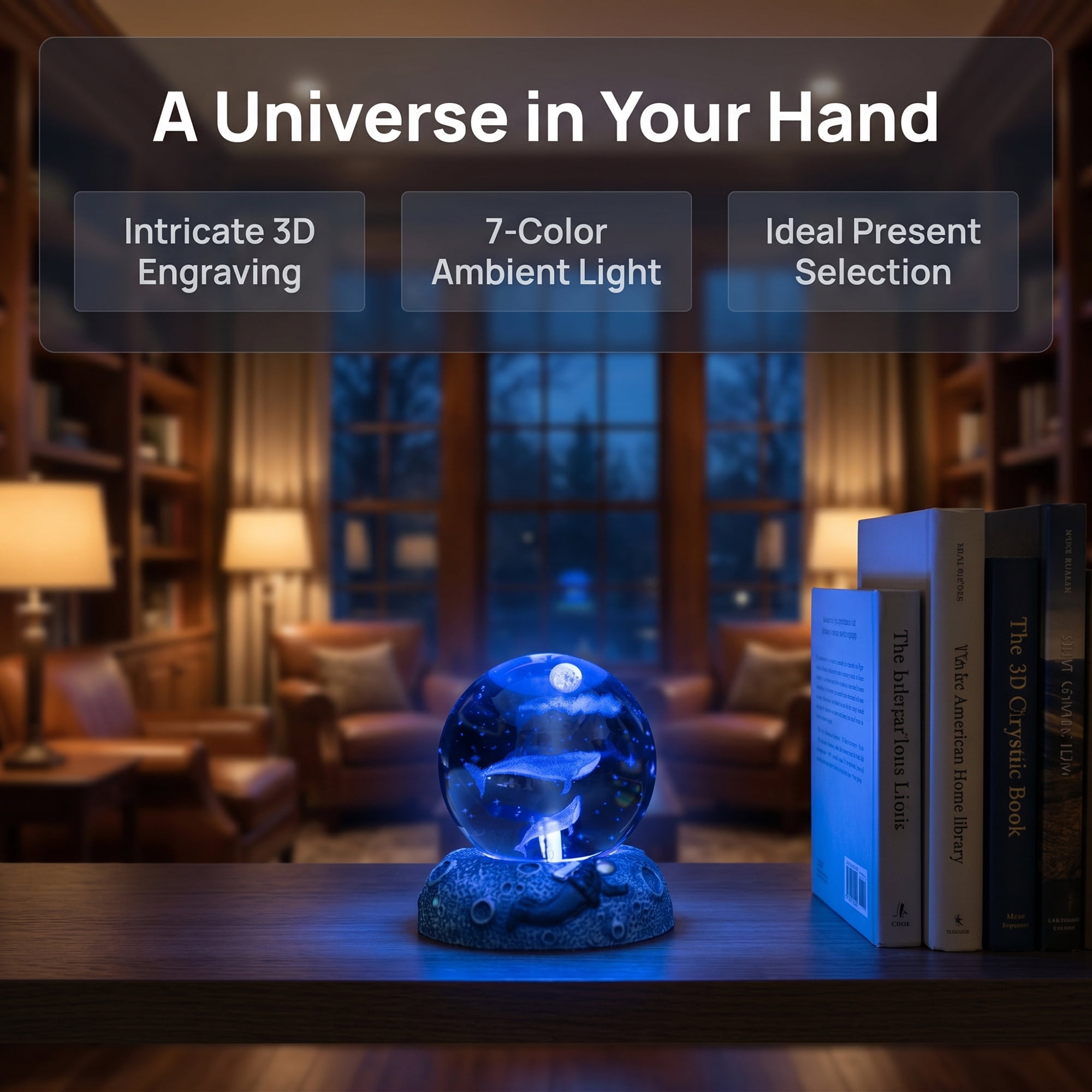 Unique Bargains Glowing Crystal Ball 3D Glass Ornament with LED Light Base Blue Style I