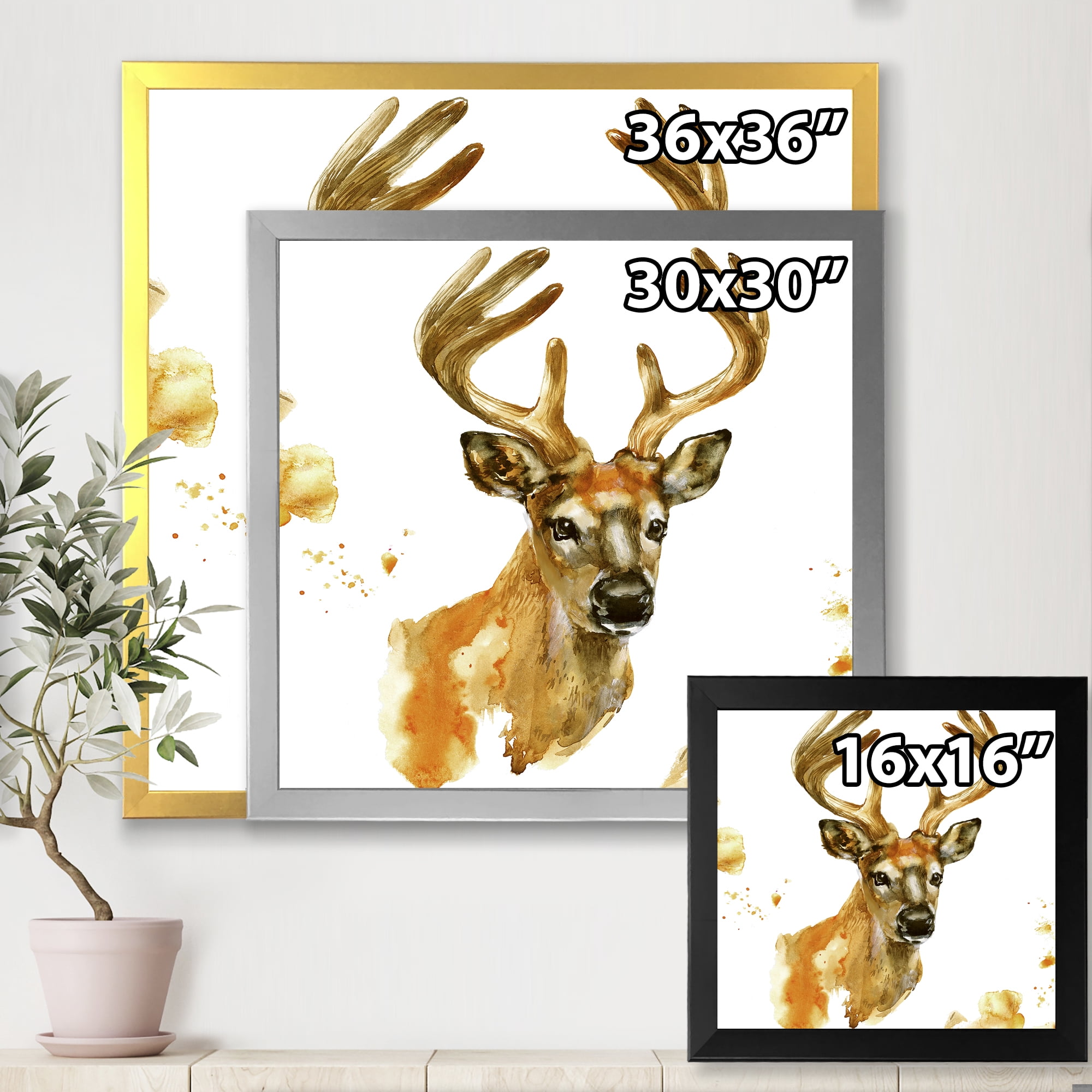 Designart 'Abstract Portrait Of Deer With Big Horns' Farmhouse Framed Art Print