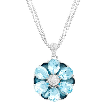 13 ct Natural Swiss Blue Topaz Flower Medallion Pendant Necklace in Sterling Silver