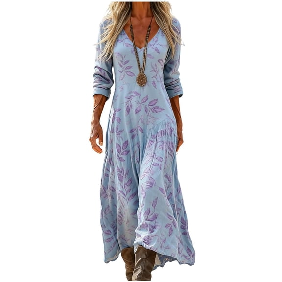 XIAOCHA Women's Floral Print Dress Loose V Neck Three Quarter Sleeves Tiered Maxi Dress Lightweight Boho Vacation Dresses