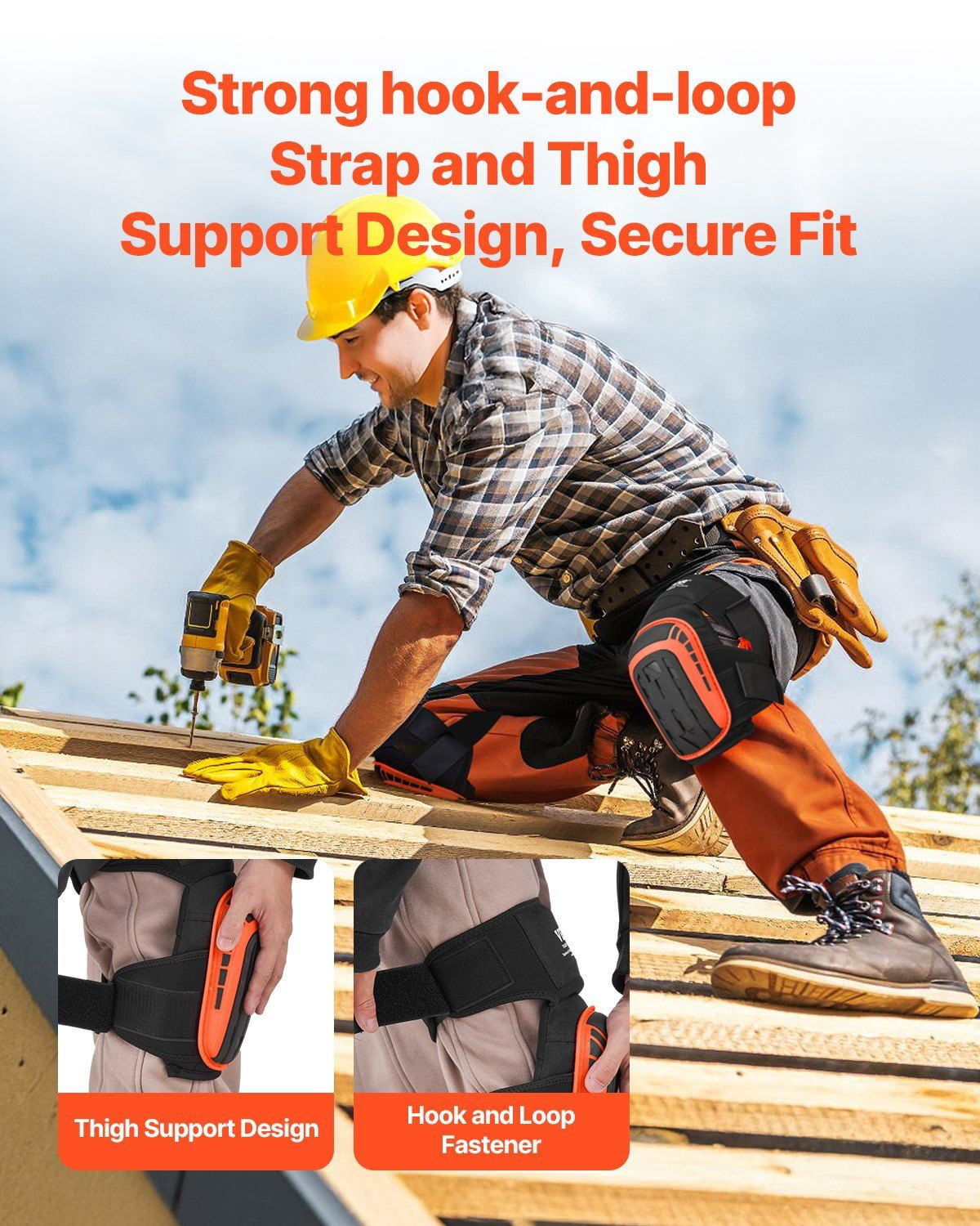 Heavy Duty Knee Pads for Construction Work, Anti-Slip Gel Cushion with 2 Extension Straps, Durable for Roofing Flooring Gardening Cleaning, Men & Women, Black/Orange