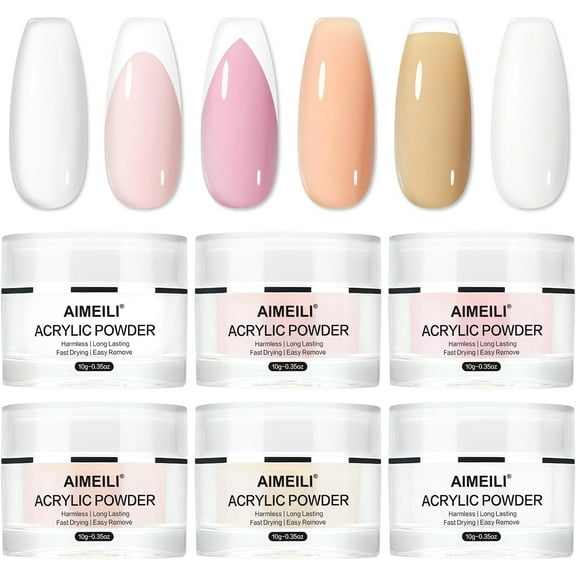 AIMEILI Acrylic Powder Set, 6 x 10g Clear Nude Pink Acrylic Nail Powder Set Acrylic Application for Acrylic Nails Extension Nail Art French Manicure Nail Carving, No Nail Lamp Needed