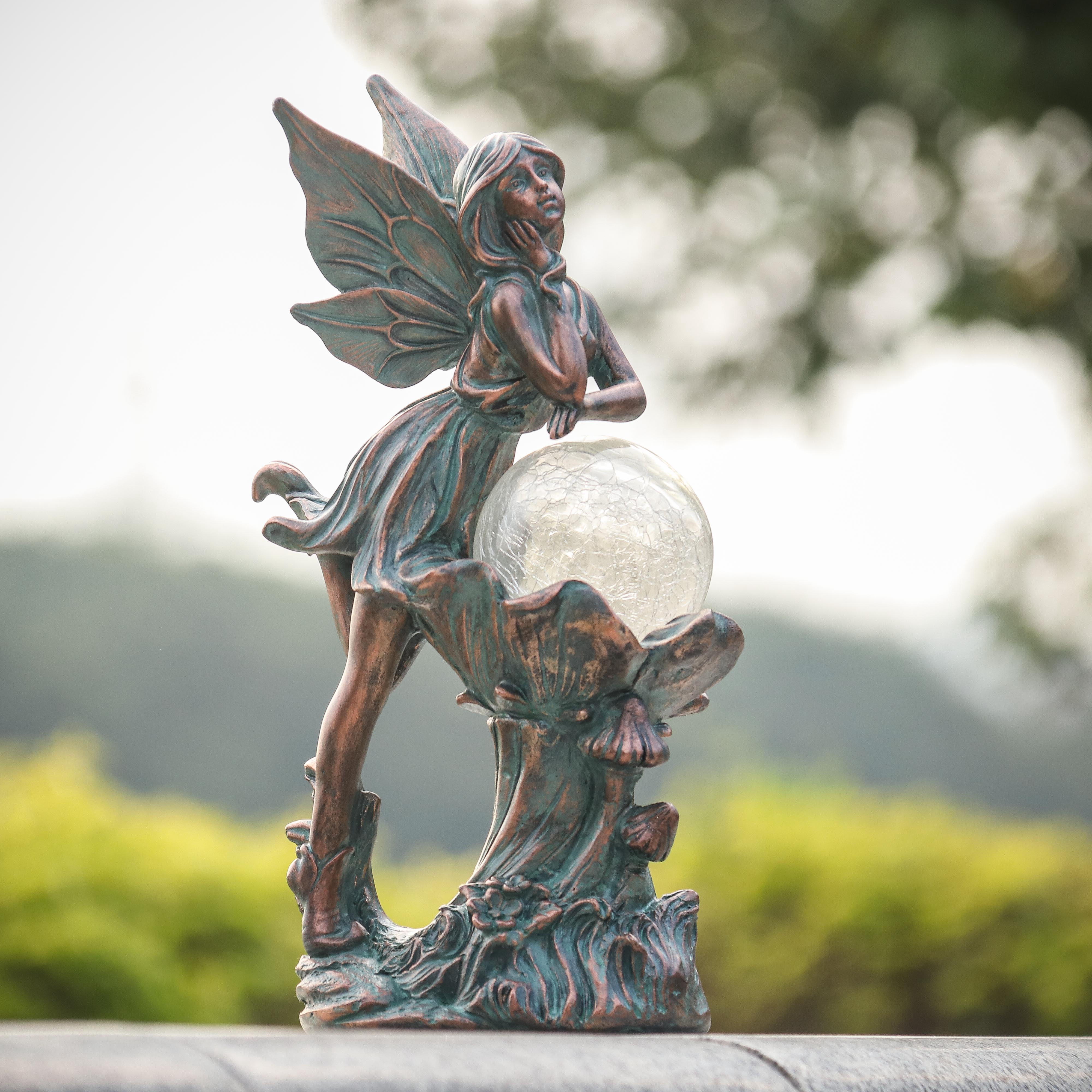 TERESA'S COLLECTIONS 12.4" Fairy Garden Statue with Solar Light, Patina Bronze Resin Sculpture with Crackle Glass