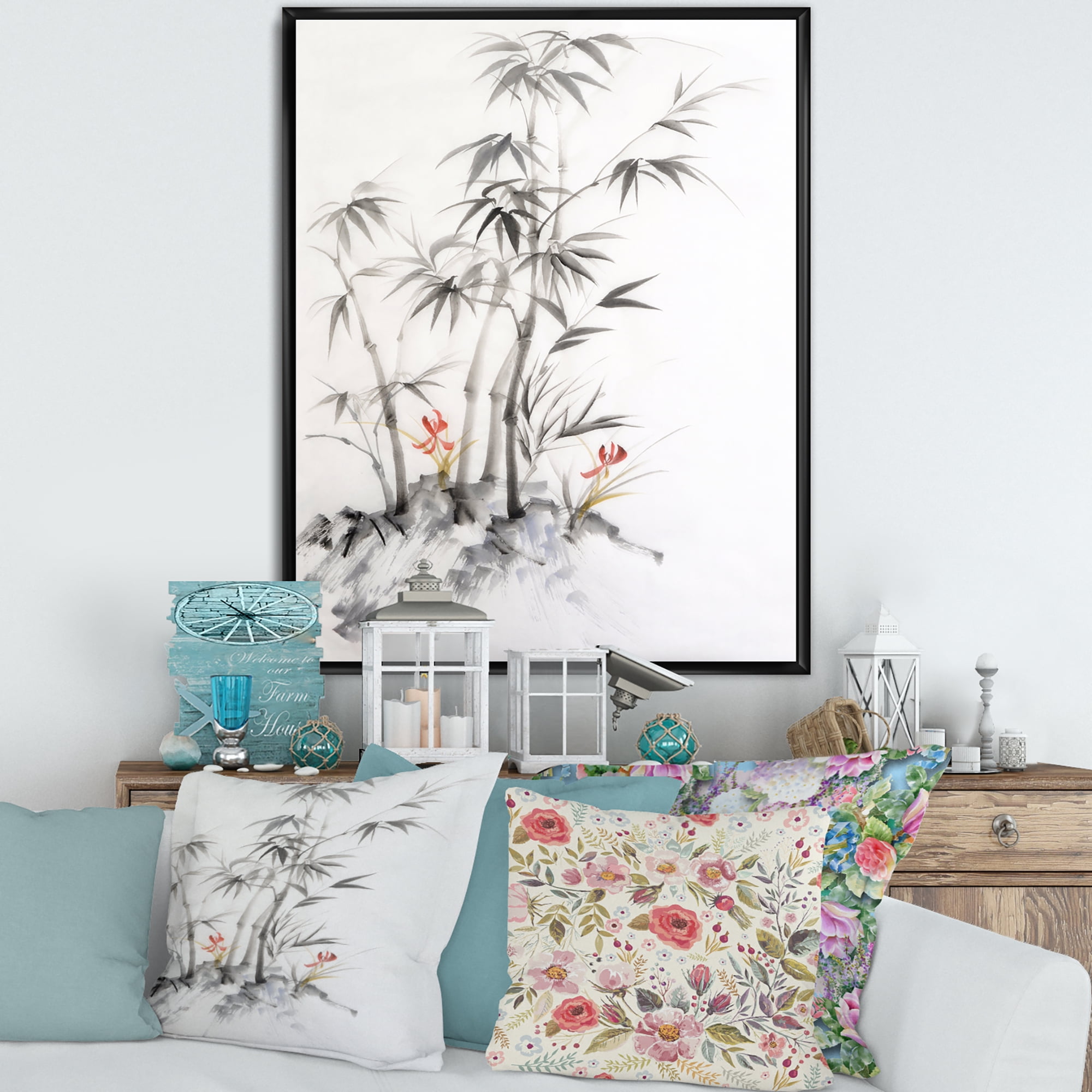 Designart 'Vintage Black and White Bamboo III' Traditional Framed Canvas Wall Art Print