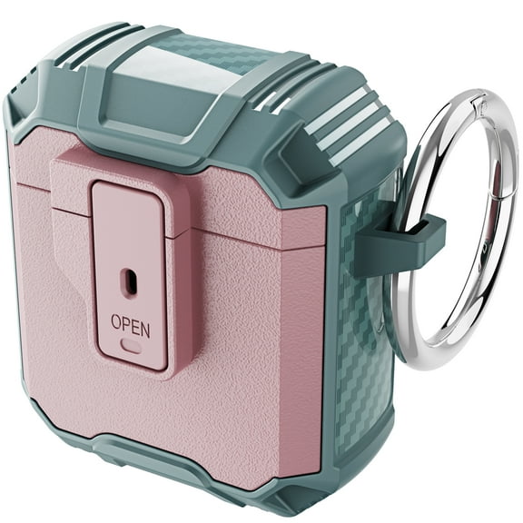 Dteck AirPods Case Designed for Airpods 1& 2, Secure Lock Clip Full-Body Hard Shell Rugged Protective Case for Men Women with Carabiner key-chain For Apple Airpods 2 &1,Pink Green
