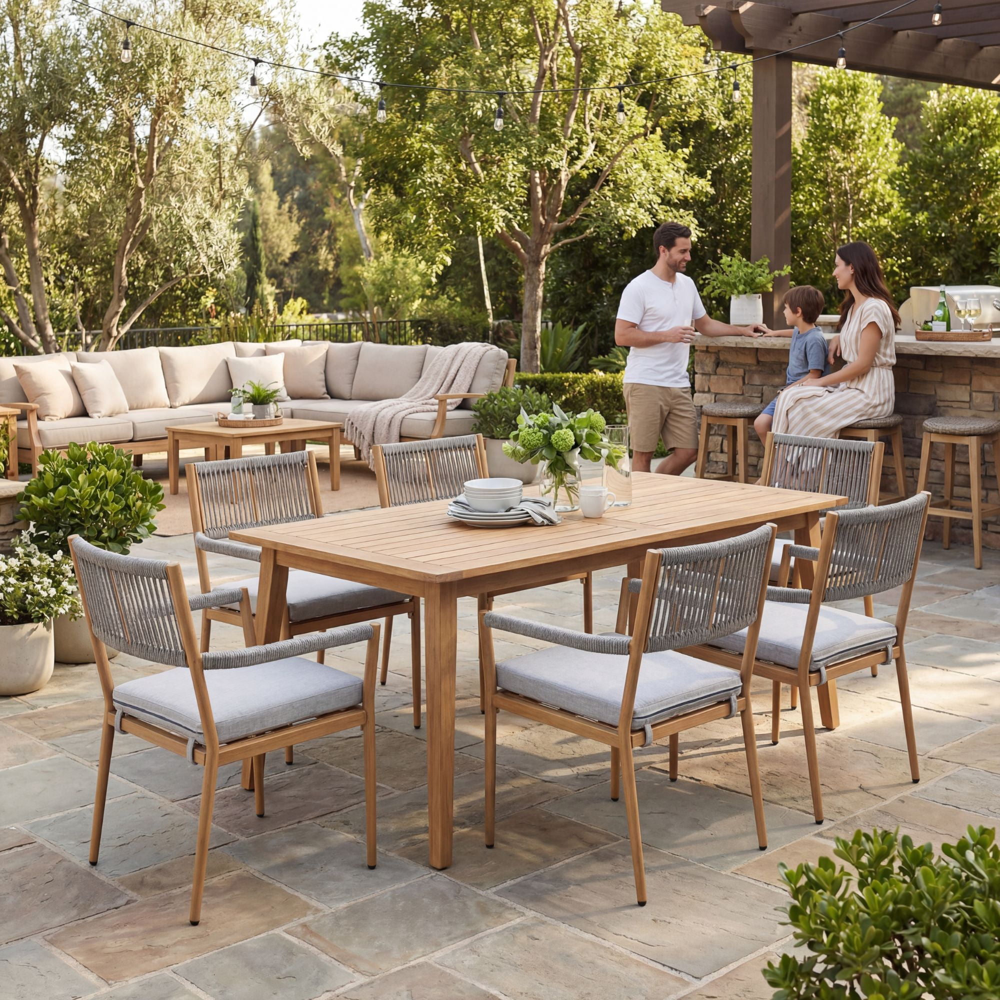 Dayalane Outdoor Dining Chairs Set of 2, Rope Rattan Patio Chairs with Cushions & Armrests, Weather-Resistant Metal Frame for Patio, Balcony/Bistro, Grey