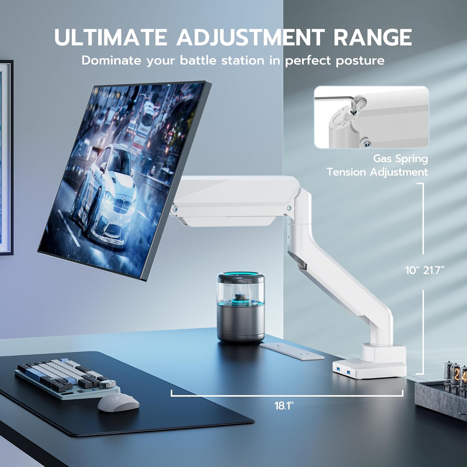 ARES WING Single Monitor Arm with USB, Heavy Duty Adjustable Monitor Arm for 13"-49" Screens, Gas Spring Monitor Arm Desk Mount with Clamp & Grommet Base Holds up to 40 lb, VESA 75x75 100x100, White
