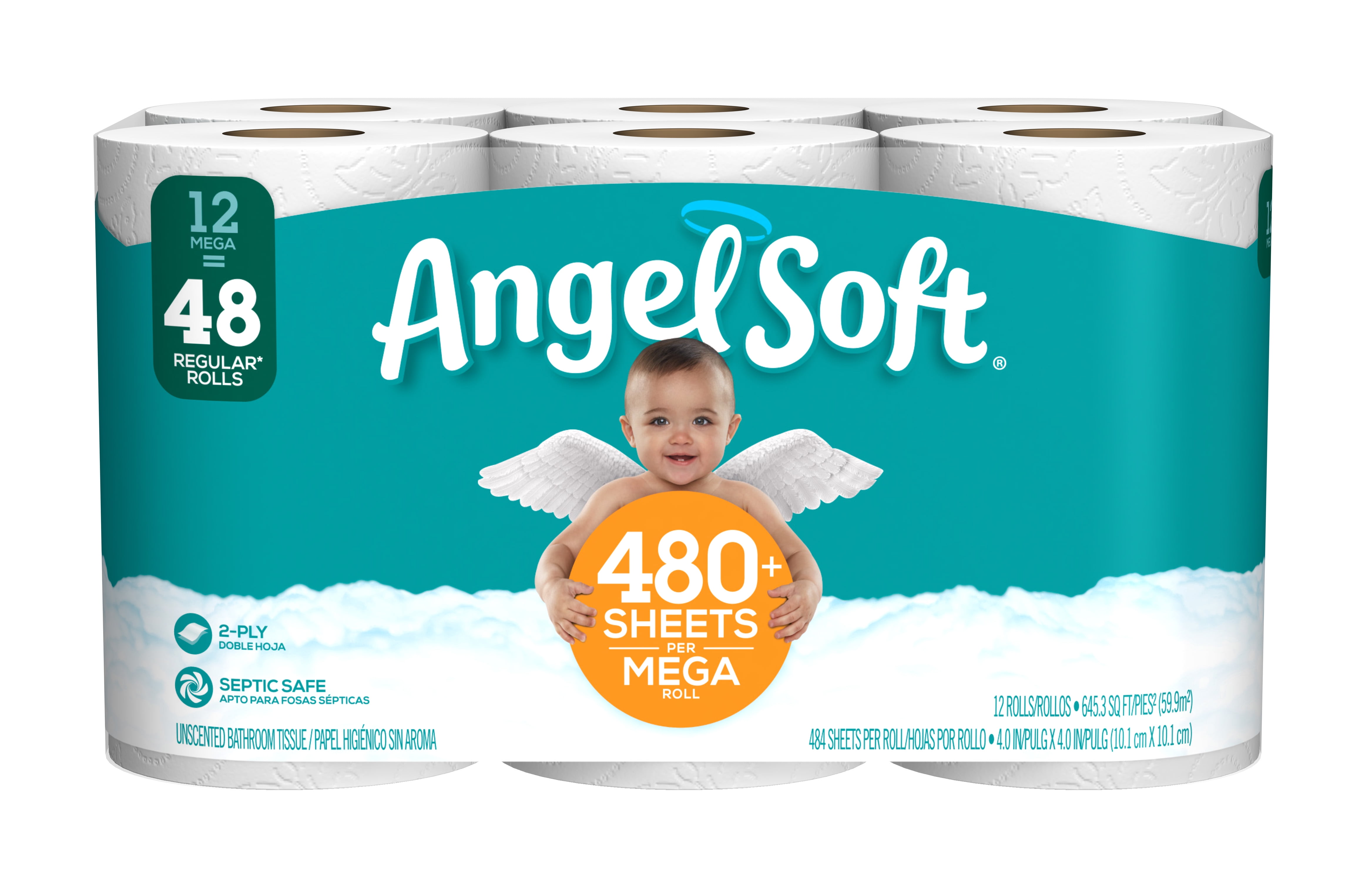 Angel Soft Toilet Paper 18 Mega Rolls Flushable Tissue 72 Regular Rolls 2 ply 