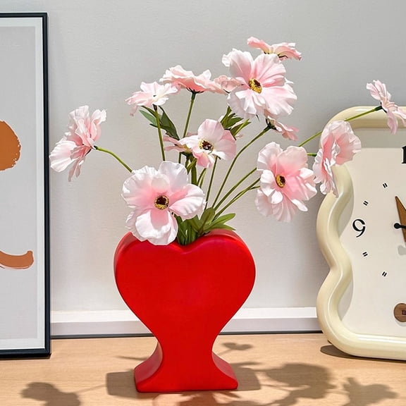 Heart Shape Resin Vase,Unique Red Flower Vase for Home Office Table Shelf Living Room Decor Housewarming Festival Gift