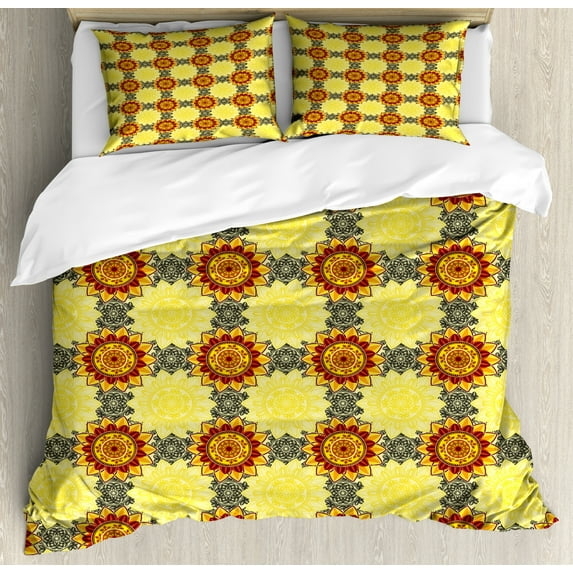 Mandala Duvet Cover Set Queen Size, Vibrant Yellow Mandala with Asian Floral Framework Arabesque Petals Boho, Decorative 3 Piece Bedding Set with 2 Pillow Shams, Yellow Black Ruby, by Ambesonne