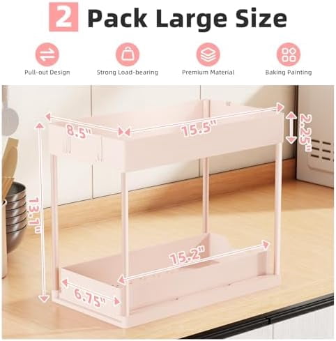 Under Sink Organizer 2 Pack, Sink Pull-Out Sliding Storage Cabinet, 2-Tier Under Shelf Organizer for Kitchen Bathroom, Pink