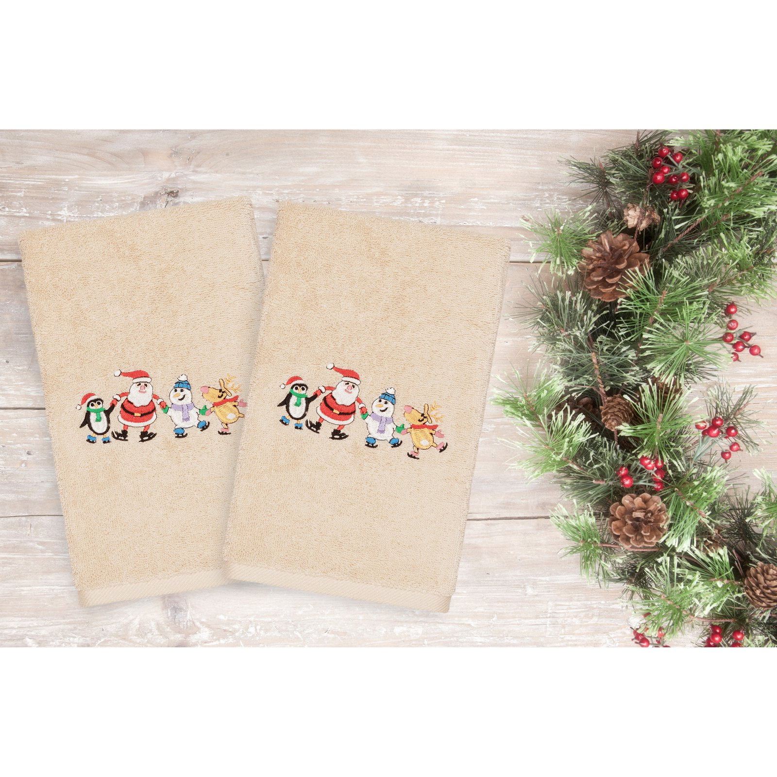 Linum Home Textiles Christmas Skating Party Embroidered Turkish Cotton Hand Towel - Set of 2