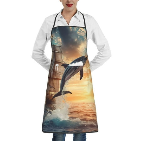 

Pofeuu Sailing Dancing Dolphin Print Aprons with Pockets Cute Aprons for Kitchen Cooking Server Barber Chef Apron