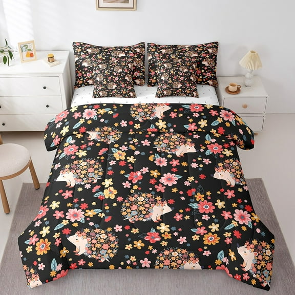 Erosebridal Cute Hedgehog Bedding Sets Twin Size, Pink Flower Comforter Sets with Sheets, Floral Animal Bedding Accessories, Lightweight Room Decor, Reversible 7pcs