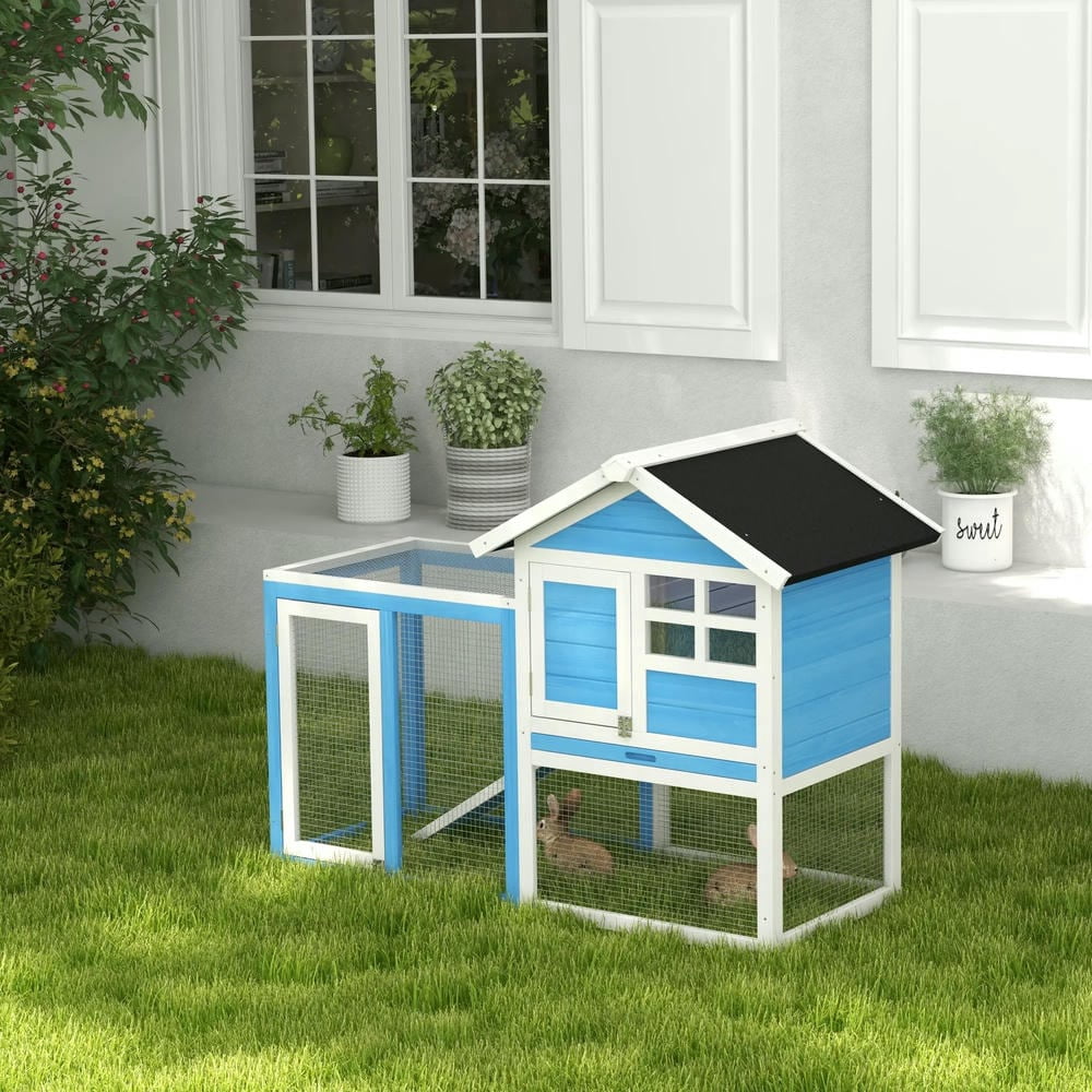 Barara King Large Rabbit Coop, Rabbit Coop, Outdoor Rabbit House,48" Wooden Rabbit Hutch Bunny Cage with Waterproof Asphalt Roof, Removable Tray and Ramp, Light Blue