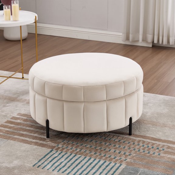 MDQMD 31.5" Round Storage Ottoman with Reversible Lid Velvet Upholstered Pumpkin Shaped Ottoman Multi Functional Coffee Table Footrest for Living Room Bedroom Dorm Beige