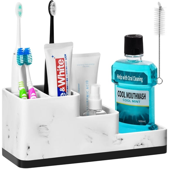 Subekyu Toothbrush Holder,Bathroom Counter Organizer,5 Compartments Multifunctional Storage for Cosmetic,Toothbrush, Razor Holder ,Marble White