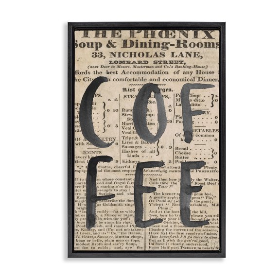 Stupell Industries Rustic Lodge Vintage Coffee Newspaper Black Floating Frame Canvas Art, 17 x 25, by Lucille Price