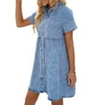 thumbnail image 4 of LookbookStore Women s Babydoll Tiered Short Sleeve Denim Dress Button Down Tunic Dress Size XL Size 16 Size 18, 4 of 6