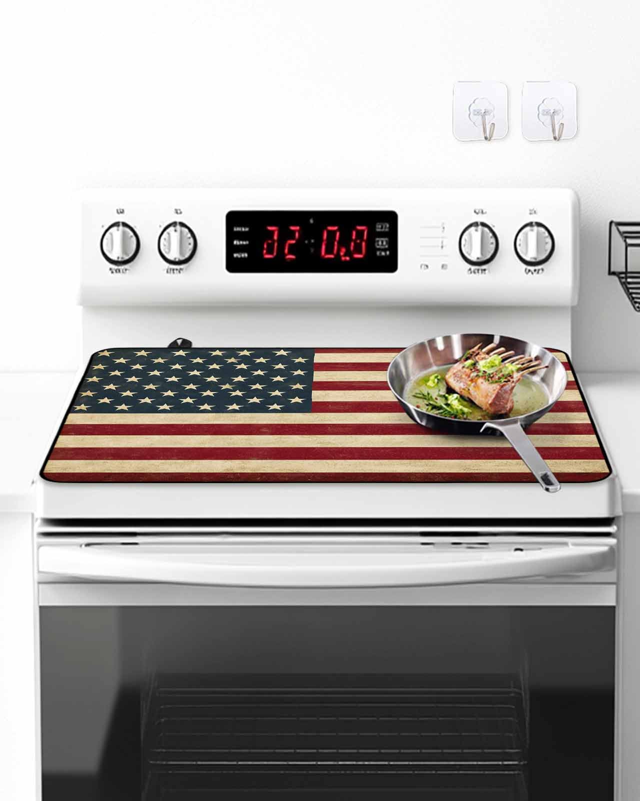 Stove Top Covers for Electric Stove, American Flag Glass Stovetop Cover Protector, Vintage Red BlueUSA Flag Induction Cooktop Protector Oven Mat for Kitchen Countertop 24"x21"