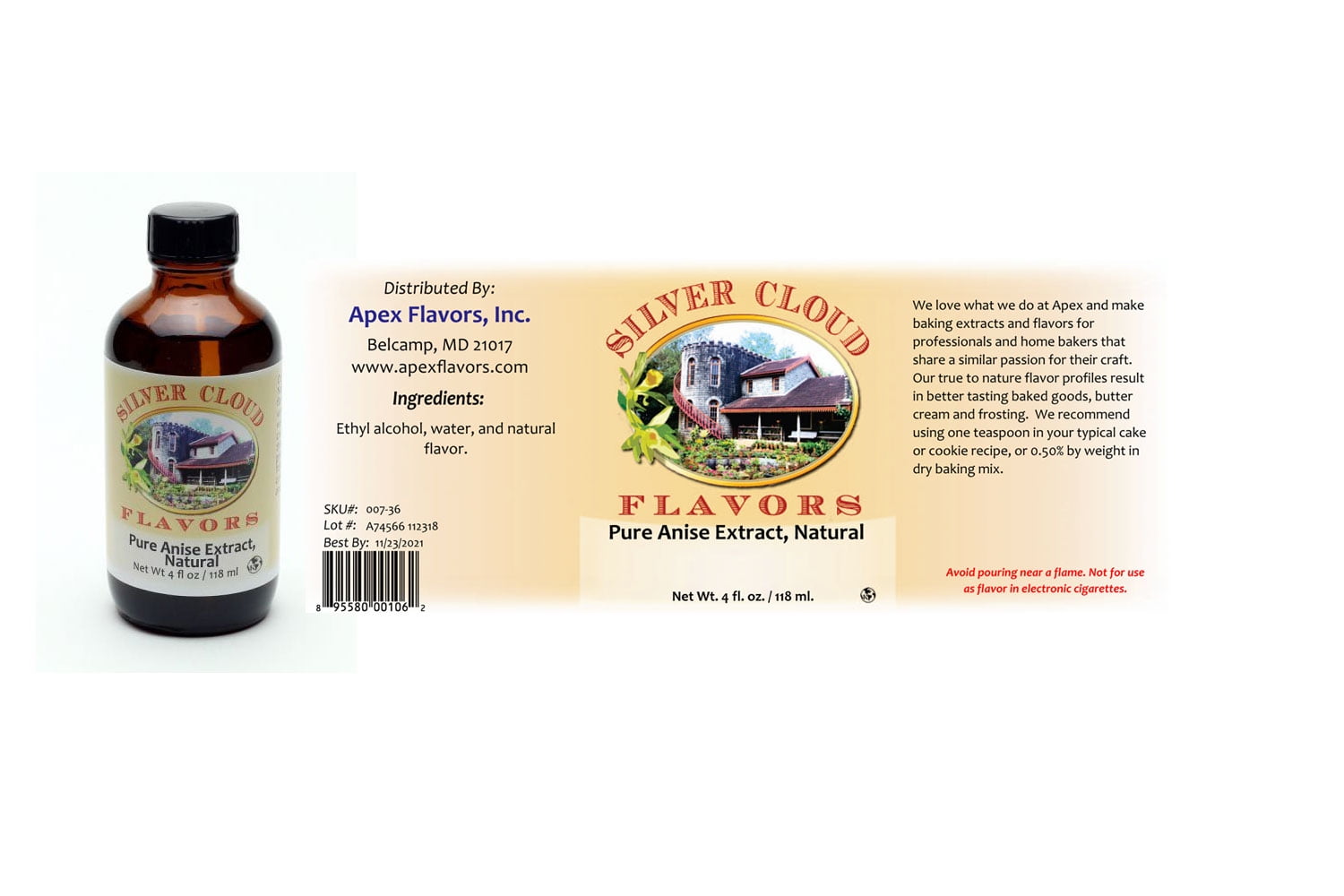 Pure Anise Extract, Natural 4 fl. oz. glass bottle