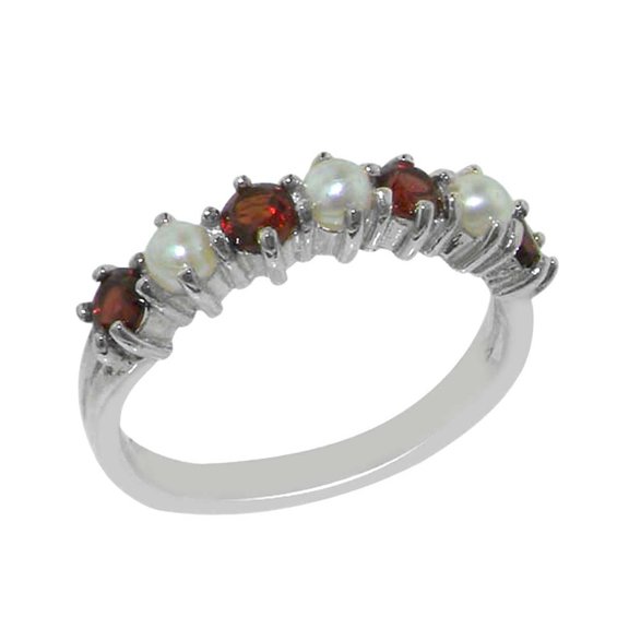 LBG 14k White Gold Cultured Pearl & Garnet Womens Anniversary Ring - Size 8