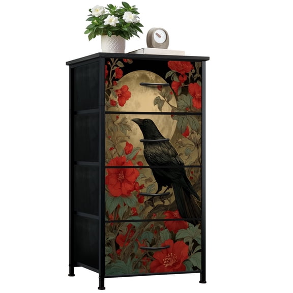 Gothic Dresser for Bedroom with 4 Storage Drawers Raven Perched Red Flowers Full Moon Dressers Chest of Drawers Steel Framed Fabric Closet Organizers for Dorm Entryway