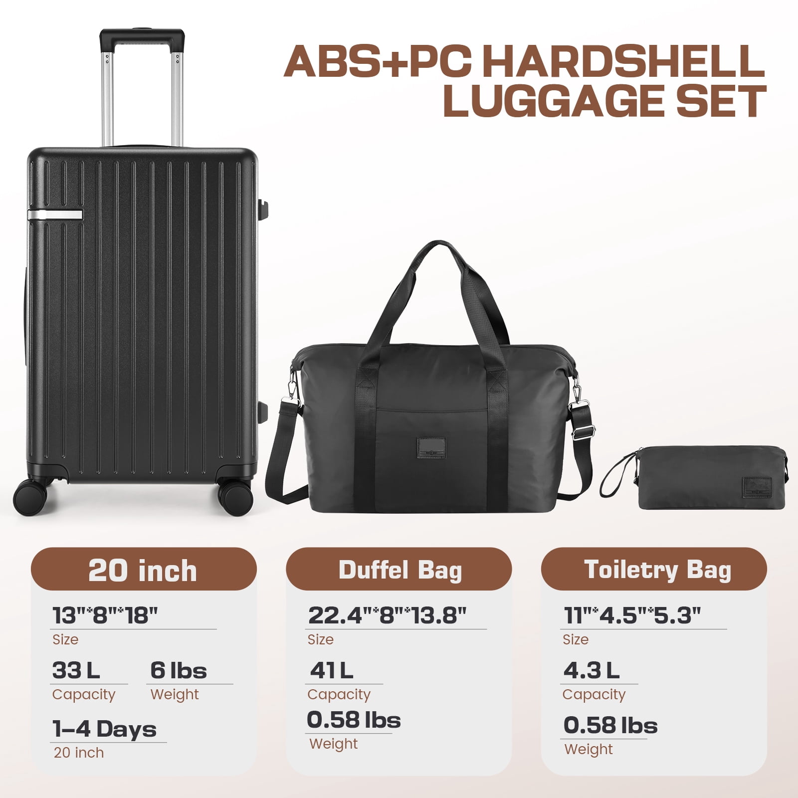 HOTEEL 3 Piece Carry on Luggage Set 20in Suitcase with Spinner Wheels TSA Lock, PC ABS Hardside Luggage Set with Toiletry Bag & Travel Duffel Bag, Black