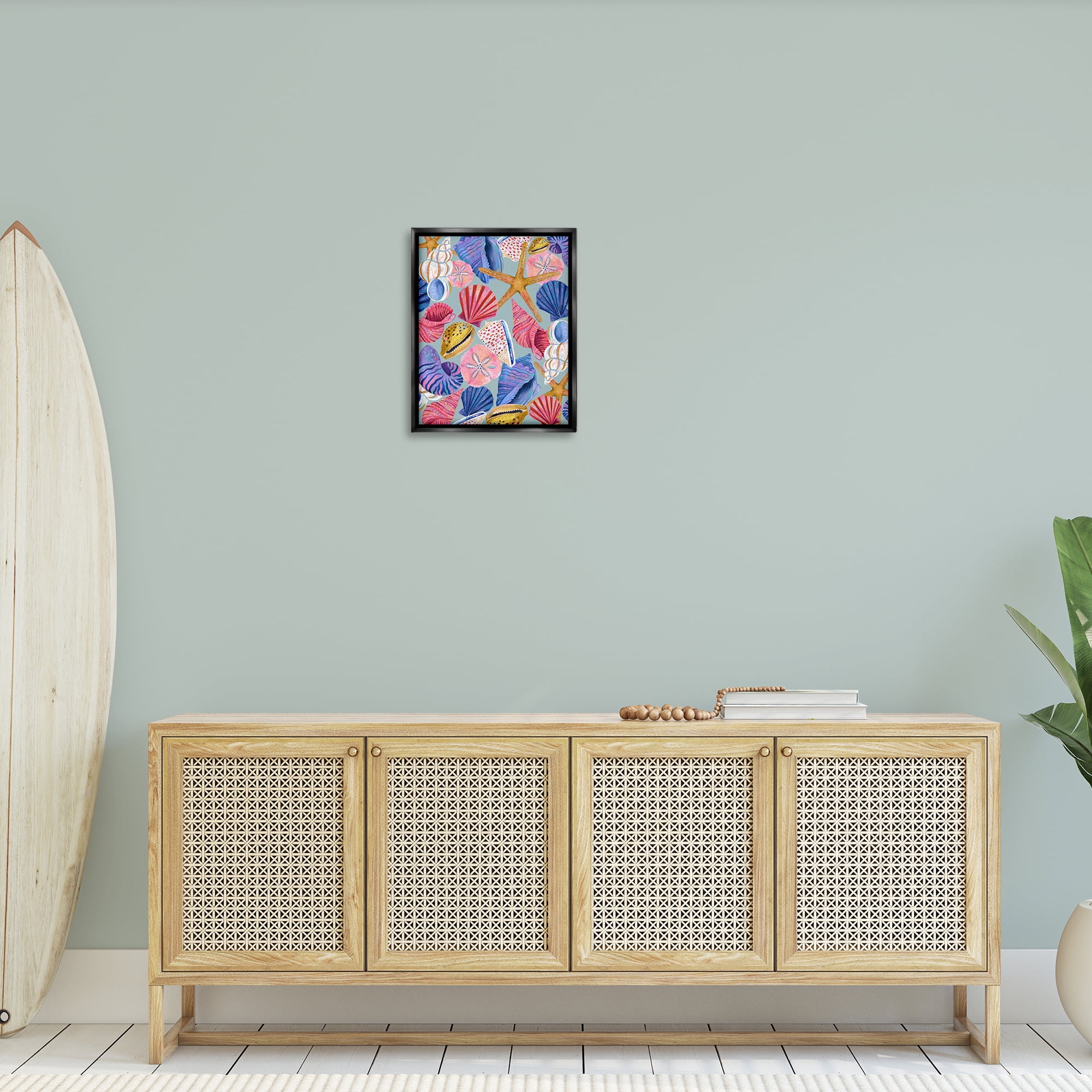 Stupell Industries Bright Seashells Assortment Nautical & Beach Painting Black Floater Framed Canvas Art Print Wall Art, 17 x 21
