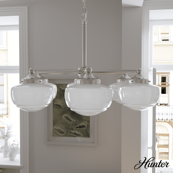 Hunter - Saddle Creek 6-light Brushed Nickel, Large Chandelier, Dimmable, Schoolhouse Style, Candle Shaped, for Bedrooms, Kitchens, Dining, Living Rooms - 19062