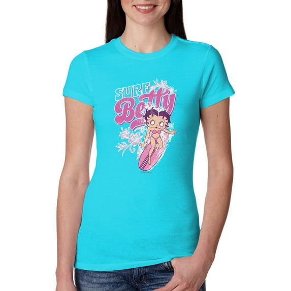Wild Bobby, Shore Surfer Betty Boop Betty Boop Womens Slim Fit Junior Tee, Tahiti Blue, XX-Large