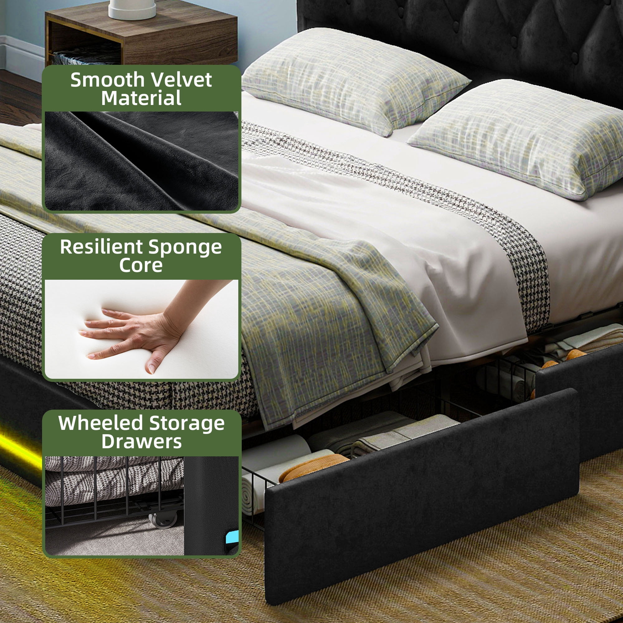 Uforic Queen Size Velvet Upholstered Bed Frame with RGB LED Ambient Light, Built-in Charging Station, No Box Spring Required, Cool Black