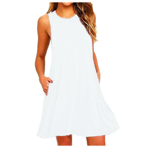 EGNMCR Summer Dresses for Women Beach Party Sundress Sleeveless Casual Loose Pockets Tank Dress on Clearance