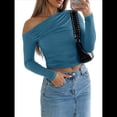 thumbnail image 2 of Blusa Informal de Larga con Cuello y Hombros Descubiertos para Mujer, Ajustada, para Salir, Estilo Y2K Azul Vaquero XL, 2 of 7