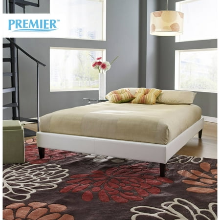 Premier Elite Faux Leather Queen White Upholstered Platform Bed Frame with Bonus Base Wooden Slat System