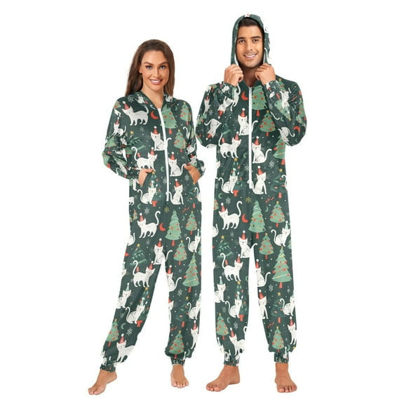 Adult Christmas Onesie Christmas Cats Adult Zipper One-Piece Pajamas Unisex Pajamas with Pockets