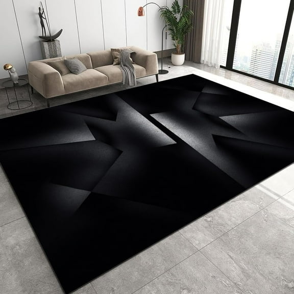Washable Living Room Large Area Rug, Premium Black Abstract Geometric Shapes Living Room Rug, Low Pile Non-Slip Bedroom Carpet, Soft Washable Kitchen Balcony Office Rugs 2x3ft