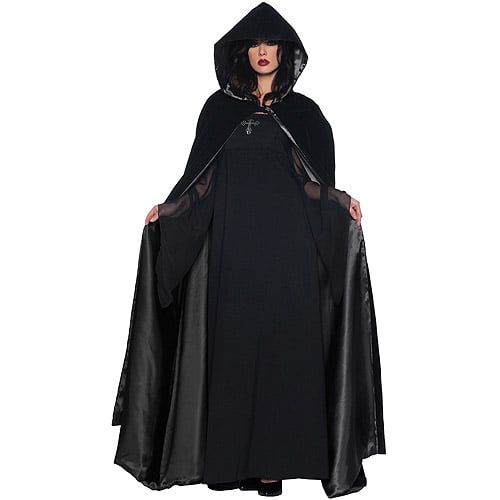 Long Hooded Cape Black Vampire Fancy Dress Up Halloween Adult Costume Accessory 