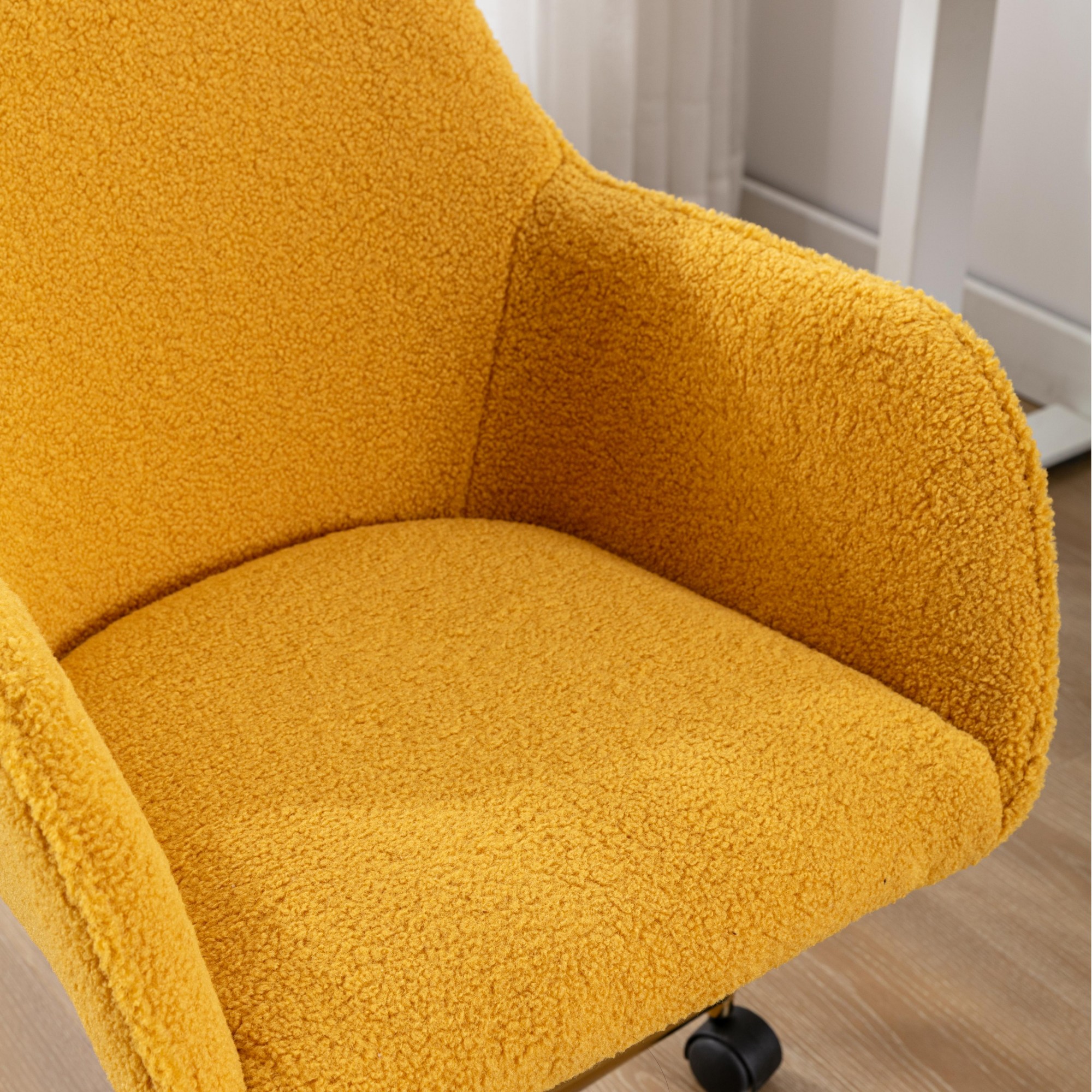 Yellow Office Chair,Swivel Home Office Chair with Wheels,Modern Teddy Vanity Task Computer Chair with Adjustable Height