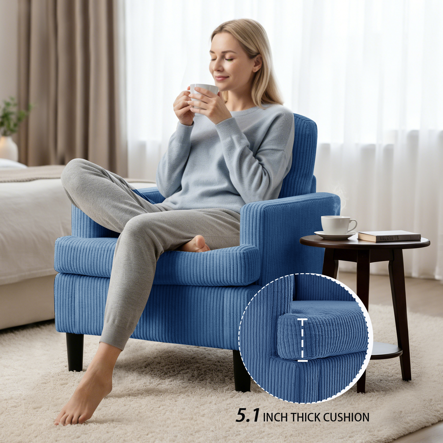 Modern Accent Chair Cozy Living Room Chairs Mid Century Modern Accent Chairs Reading Chair with Armrests for Living Room, Bedroom and Study（Blue）