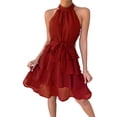 thumbnail image 2 of Women'S Tie Sleeveless Ruffle Hem Dress Patchwork Design Summer Chic Beach Party Gown Red XL, 2 of 8