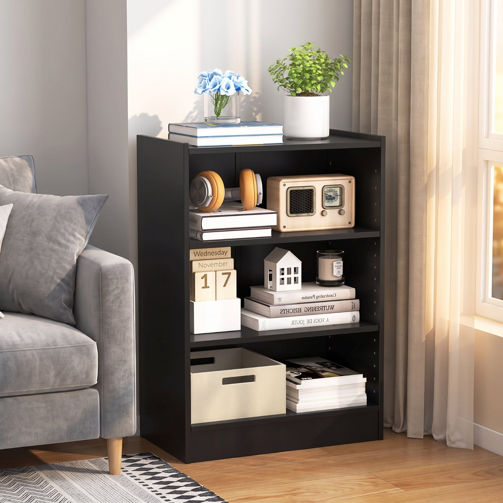 Furnibear 3-Tier Open Display Bookcase with 18-Position Adjustable Shelves Raised Cabinet Top and Anti-Toppling Device for Home Office, Black