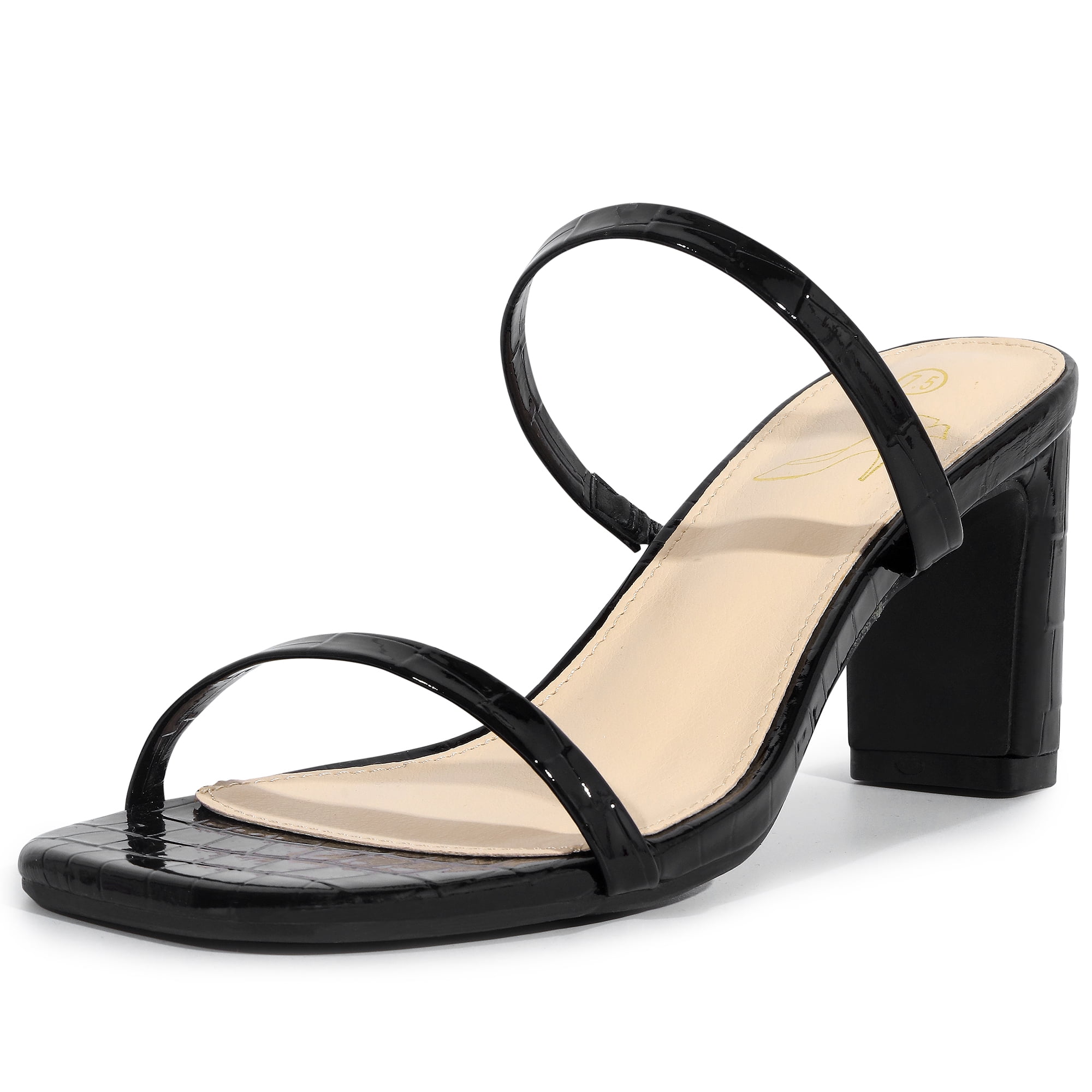Unique Bargains Dual Strap Embossed Chunky Heel Slide Sandals 7.5 Black Black 7.5