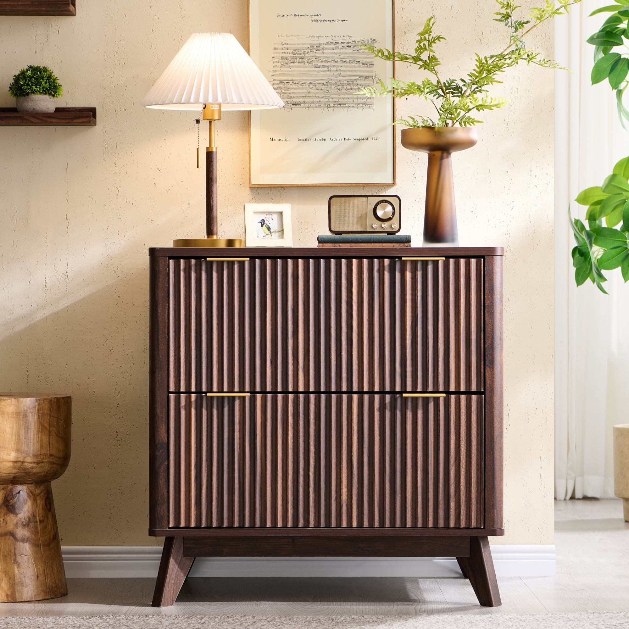 OKD 30" File Cabinet with 2 File Drawers, Modern Style Fluted Filing Cabinet for Home Office, Dark Walnut