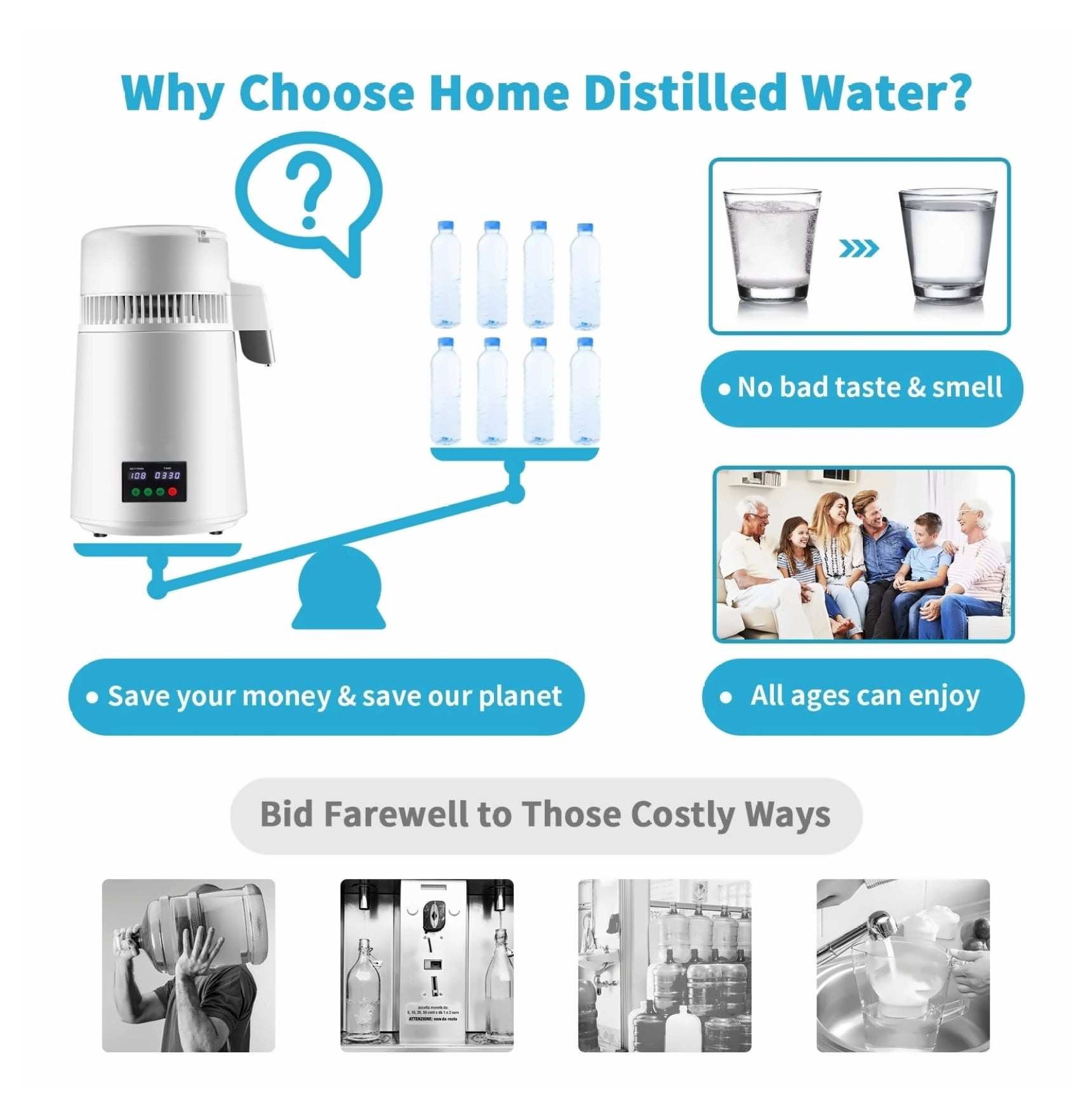 1.1Gal Water Distiller, 750W Distilled Water Machine, 0.3Gal/H, Temp & Time Control, Stainless Steel, w/ Carafe & Filters - White