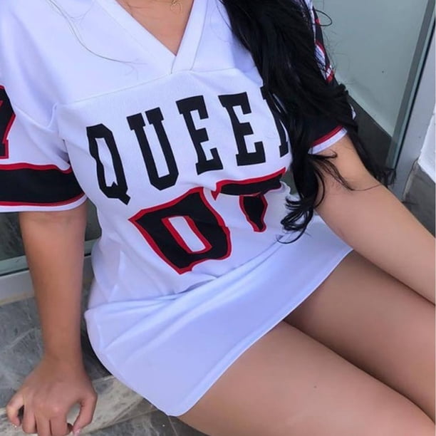 Vestido Con Cuello En V Y Estampado De Letras Queen, Vestido Casual De Manga Corta Para Primavera Y Verano, Ropa De Mujer