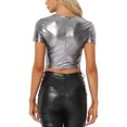thumbnail image 3 of INSPIRE CHIC Crop Tops Metálicos para Mujeres con Manga Corta y Abertura para Fiesta de Halloween Top Brillante Holográfico XL Negro Plateado, 3 of 5