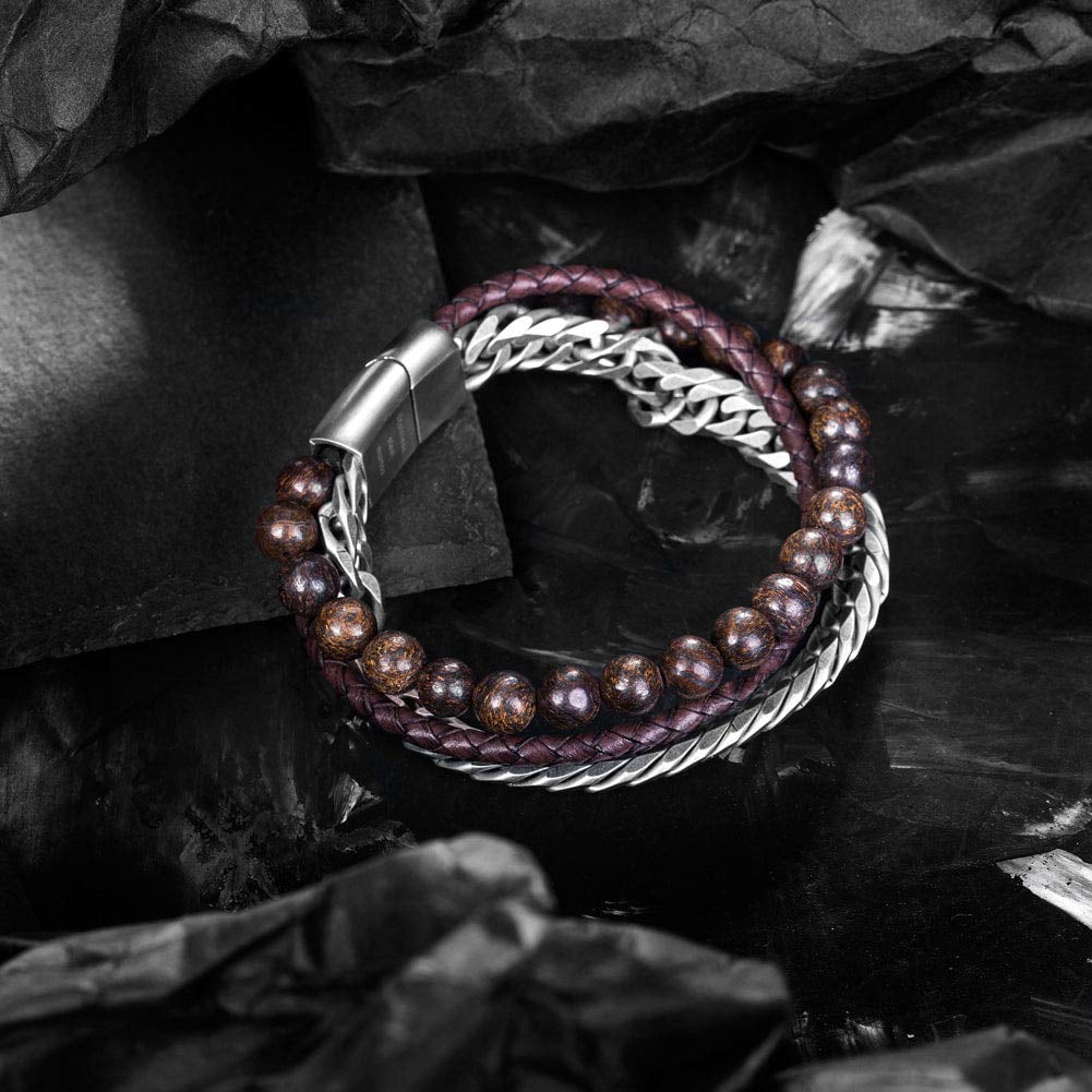 murtoo Mens Bead Leather Bracelet, Natural Bead, Steel and Leather Bracelet for Men Women, Simple Gift