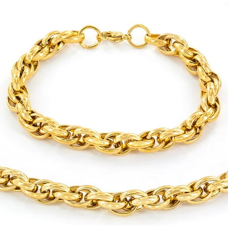 Gold-Tone Stainless Steel Rope Chain Necklace (24) and Bracelet (9) Set, 9mm