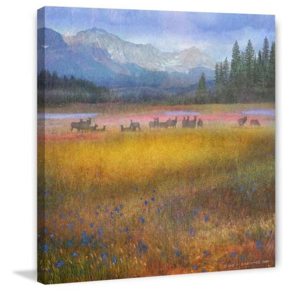 "Flowered Meadow Elk" Painting Print on Wrapped Canvas